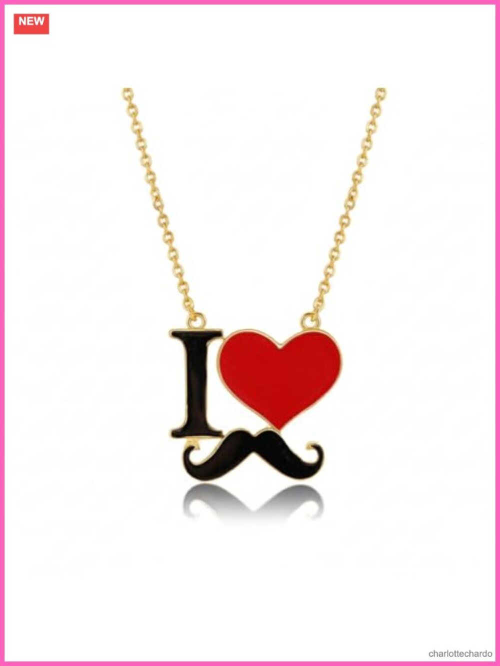 Mustache Pendant Necklace Silver Plated Enamel Heart Charm Link Chain